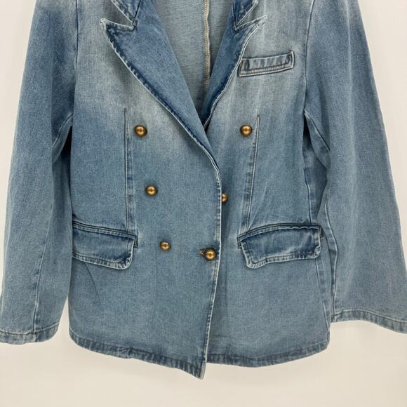 Denim Double Breasted Blazer Jacket Light Wash western Gold Buttons Women large - Picture 4 of 10
